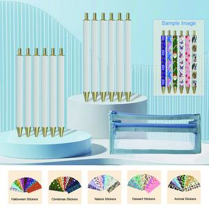 Rarler 12 Blank Click Ballpoint Pens with Blue Transparent Mesh Pencil Case, 12 Theme Stickers for DIY, Gold Tip and Cap, School Office Stationery Supplies (12 Pack)