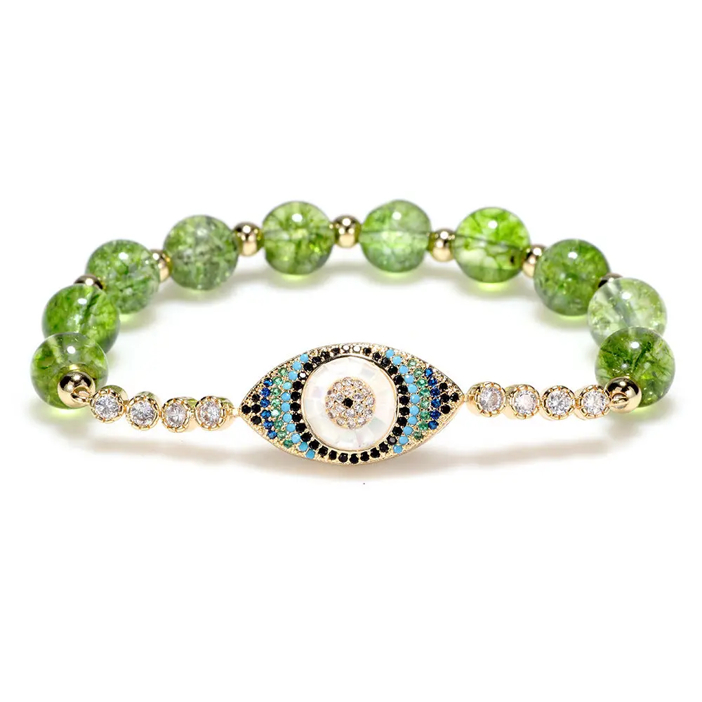 8mm Hypoallergenic Peridot Evil Eye Stretch Bracelet with Micro-Zirconia, Semiprecious Stone Talisman for Protection & Prosperity, Stretch Fit Jewelry Accessory