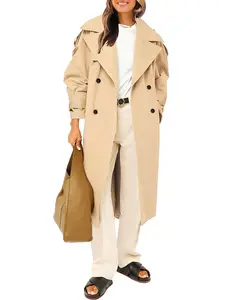 Aswulk Womens Oversized Long Trench Coat Double Breasted Lapel Windproof Overcoat with Belt