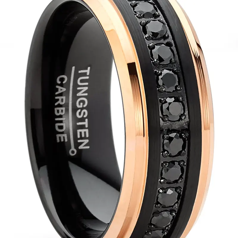 Men's 8MM Tungsten Carbide 2-Tone Hammered Eternity Band - Comfort-Fit, 1.3 Carats Cubic Zirconia, Black & Rose Goldtone, Engagement Wedding Band, Promise Ring, Anniversary Chunky Jewelry