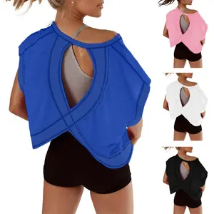 Tanming Open Back Tops for Women Oversized Short Sleeve Workout T Shirts Backless Y2k Athletic Crop Running Tees Springfresh Summer  for Hyrox Outfit