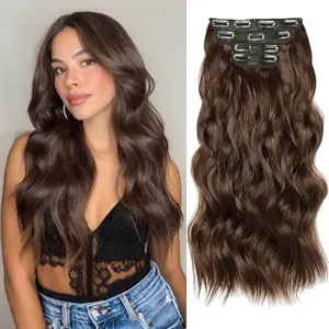 Clip-In Synthetic Hair Extensions Set 20 Inch Long Wavy Black Fiber Double Weft 4PCS Hair Extensions for Women