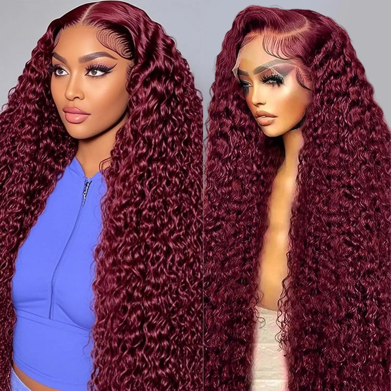 30 Inch 99j Burgundy Lace Front Wigs Human Hair 13x6 Deep Wave HD Lace Front Wigs Pre Plucked with Baby Hair 180 Density Glueless Wet and Wavy Red Wine Colored Wigs Human Hair for Women