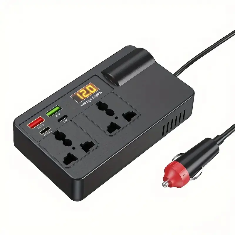 200W Multi-Function Car Power Inverter 12V-24V to DC 220V, Digital Voltage Display, USB and PD Ports, Dual Power Outlets (US/EU), Multi-Port Adapter Adapters, Type-C Adapters