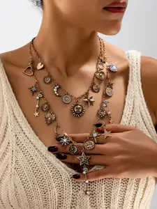 Boho Chic Geometric Pendant Necklace Set, Decorative Necklace, Bohemian Jewelry, Zinc Alloy Material, Elegant Round Sun Moon Star Heart Design, Perfect for Parties & Daily Wear, Trendy Charm Necklaces
