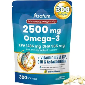 Omega 3 Fish Oil with Vitamin D3 K2, Fish Oil Omega 3 Supplements Support Heart, Brain, Eyes & Immune Health, 300 Lemon Flavored Burpless Softgels