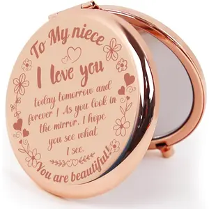 Compact Ideal Convenient Mirror Round 2.6" Metal Double Sided 1X/2X Engraved Pocket Mirror Gifts for Niece Lover Friend Wife Girlfriend
