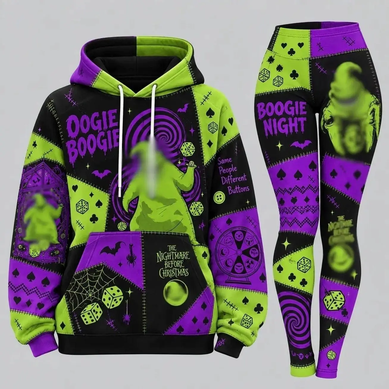 Spooky B...gie Halloween Hoodie and Leggings Set, Green Monster Gothic Outfit, Purple Black Patchwork Print, Horror Night Women Streetwear Set 8X
