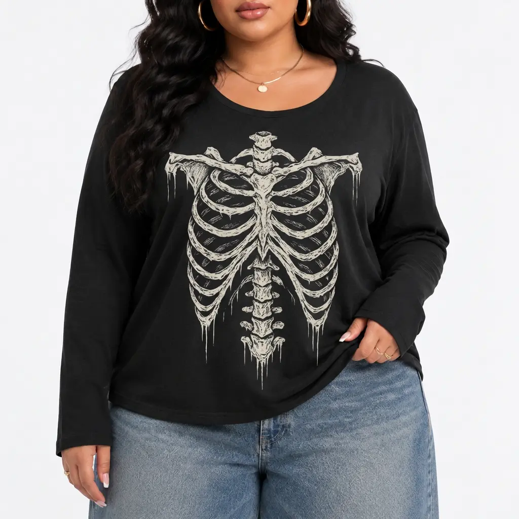 Gothic Grunge Graphic Tee Women Plus Size Soft Loose Fit Anatomical Skeleton Ribcage Print Dark Alternative Top