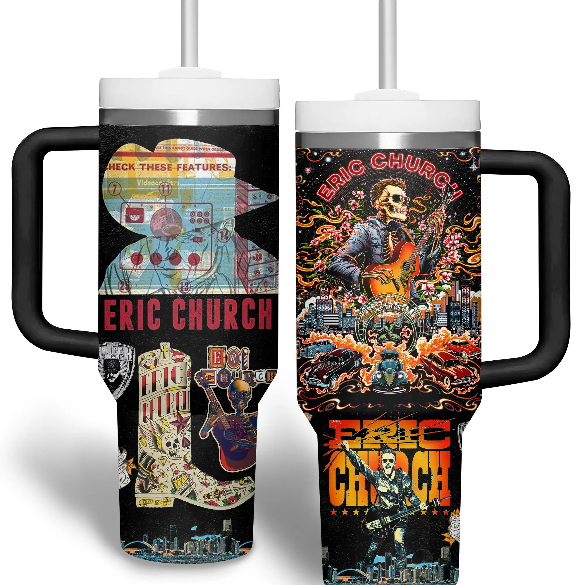 Eric Church Music 40oz Tumbler With Handle & Straw, Country Music Graphic Cup, Eric Church Concert Collage Travel Mug, Retro Country Rock Inspired Insulated Water Tumbler, Music Fan Gift