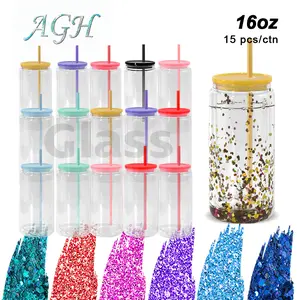 AGH 15pcs 16oz Sublimation Snow Globe Glass Cups Double Wall Tumbler Clear Cans with Color Lid for Party Gift DIY Drinkware Water Bottle Halloween
