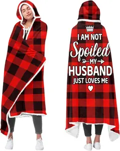 Red Buffalo Plaid Sherpa Hoodie Blanket for Wife Cozy Oversized Wearable Blanket Soft Warm Plush Gift from Husband for Birthday Anniversary Christmas