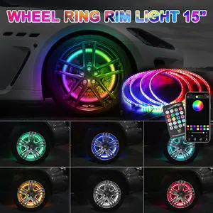 4PCS 15 inch RGB LED Wheel Ring Light Kit Bluetooth Control Waterproof Shockproof Remote Kit