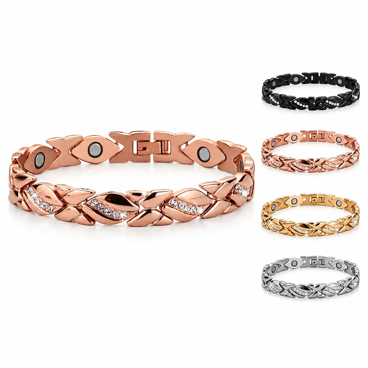 Women's Pure Copper Magnetic Bracelet, Leaf Motif Minimalist Design with CZ Crystal Accents, Elegant Magnetic Clasp Jewelry Bracelet for Women, Fashion Gift for Everyday Wear