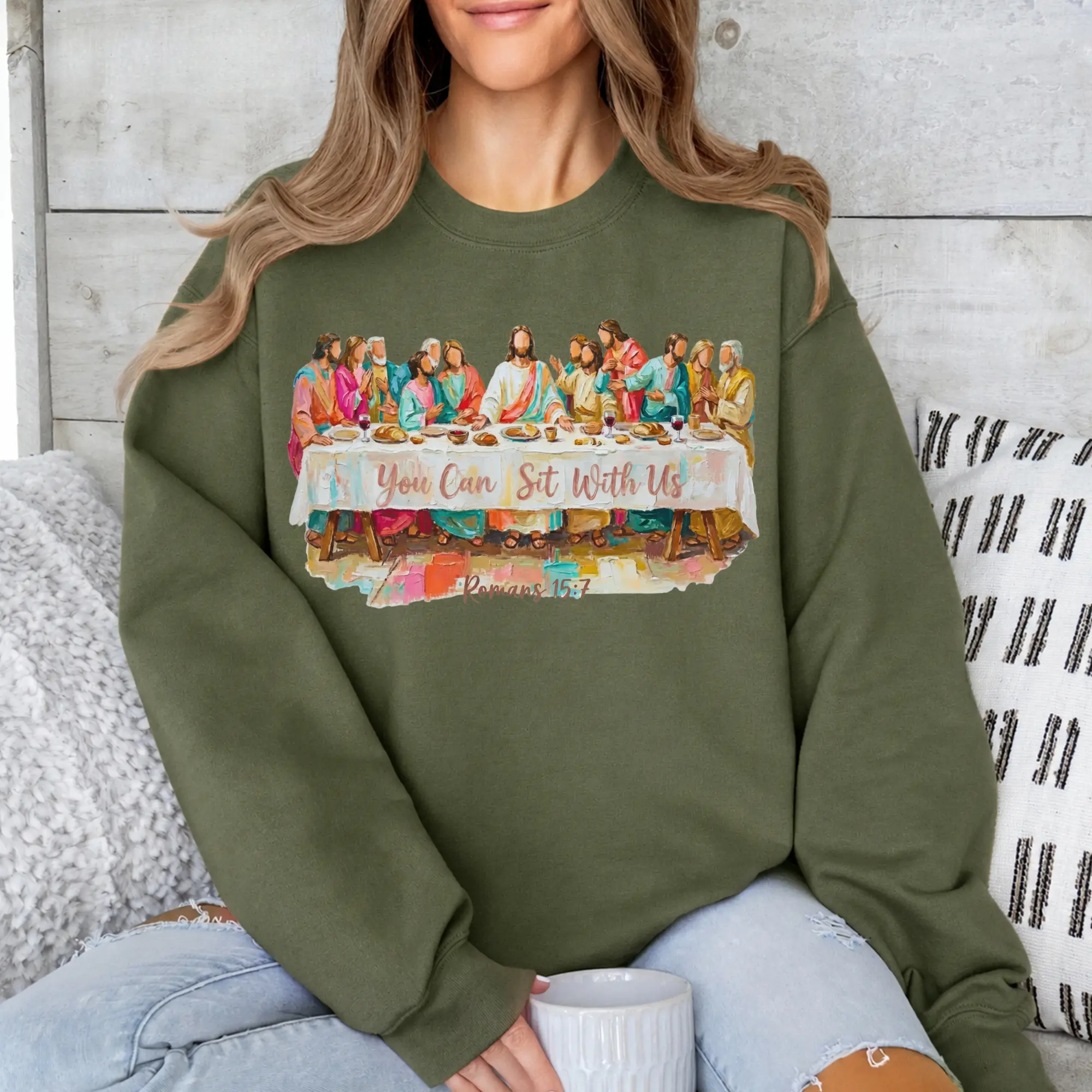 Last Supper Cross Sweatshirt, Christian Bible Study Graphic Crewneck, Soft Cotton Blend Unisex Religious Faith Pullover, Catholic Church Believer Gift Top