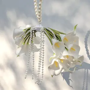 【Mother's Day】Silvanest 20 Pcs Calla Lily Bridal Bouquet with Pearl Handle, Pearl Cascade Wedding Bouquet with Beaded Pearls, Elegant Bridal Flowers for Wedding Ceremony, Marriage, Party, Church, Bridesmaid Bouquet