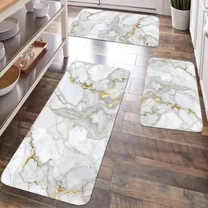 JIT 2/3 pcs kitchen flannel marble-patterned artistic decorative carpet. Kitchen carpet set, flannel bedside set mats. Slip-resistant washable bedside soft carpet, suitable for kitchen, laundry room, corridor floors, running pad carpet.