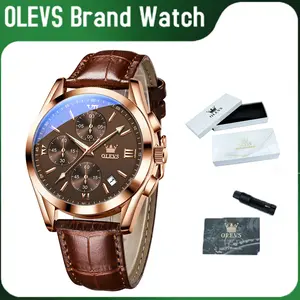 OLEVS Men's Leather Chronograph Watch, Analog Quartz Movement, Elegant Dress Style Strap, Gold-Tone Alloy Case, Waterproof with Luminous Dial, Fashionable Easy-to-Read Display, Precise Chronograph Function, Scratch-Resistant Mineral Crystal