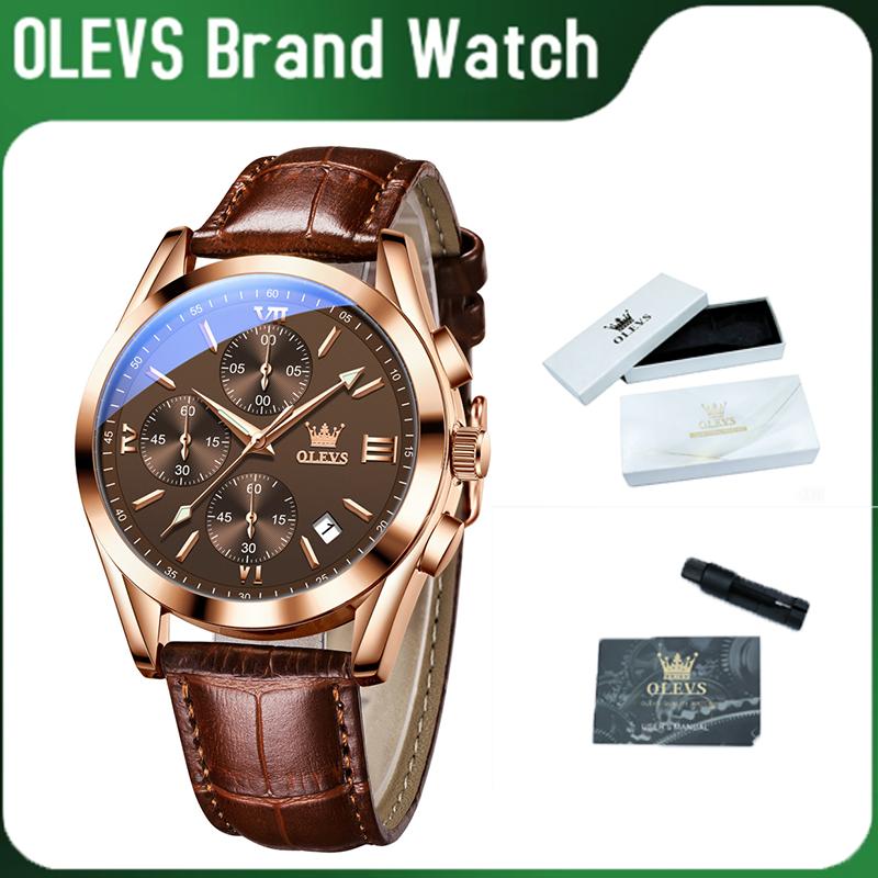 OLEVS Men's Alloy Business Casual Watch for Business Casual Outfits, Elegant Leather Chronograph with Luminous Roman Numerals, Hardened Mirror Surface, 20mm Durable Strap with Clasp, 30M Waterproof Quartz, 40mm Case, Gold and Black Design