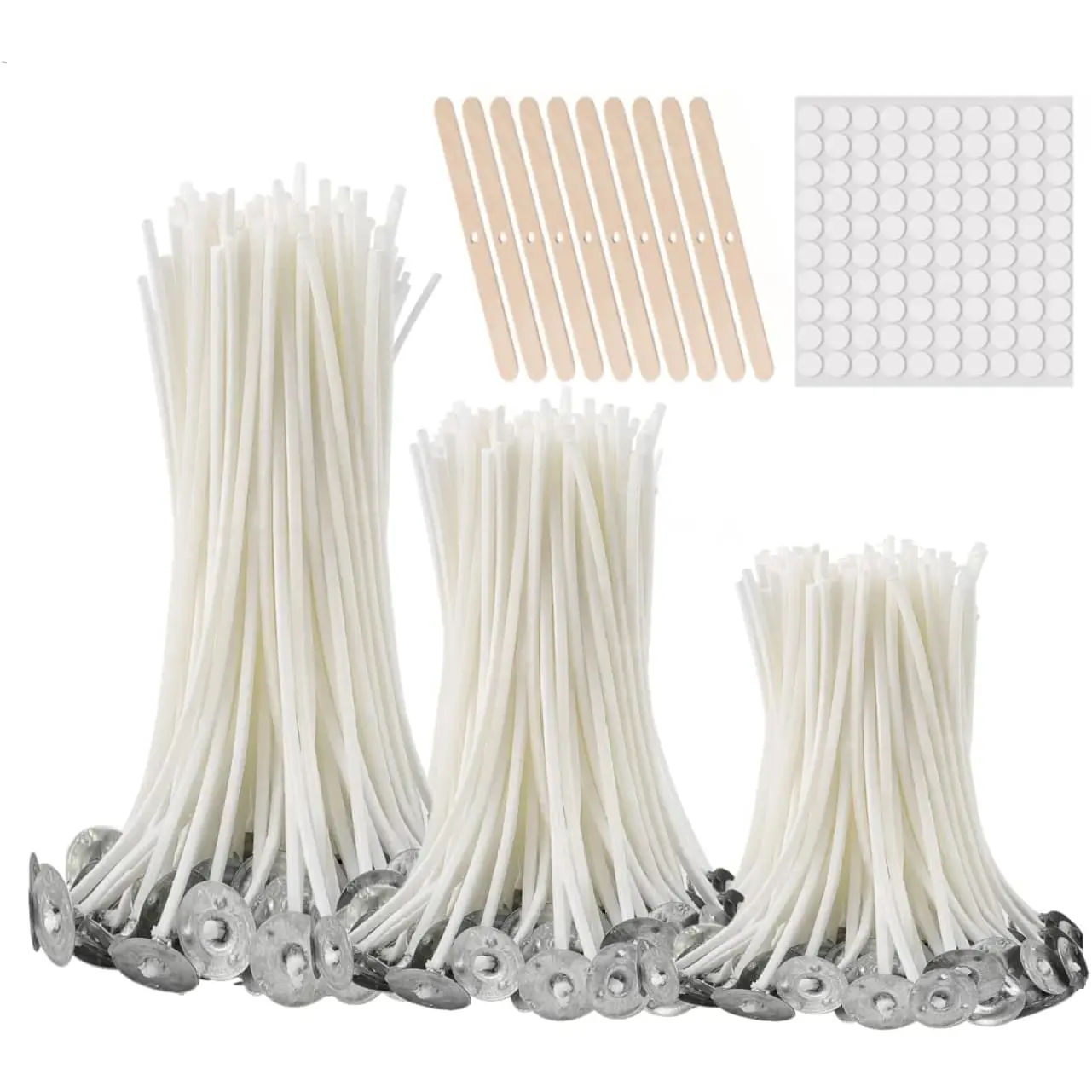 300Pcs Functional Smokeless Candle Wicks,100Pcs Wicks Sticker, Pre Waxed Cotton Wick with Metal Sustainer Tabs for Pillar Candle Making and Candle DIY, 9Cm/3.5In,15Cm/6In,20Cm/8In No Brand No Brand