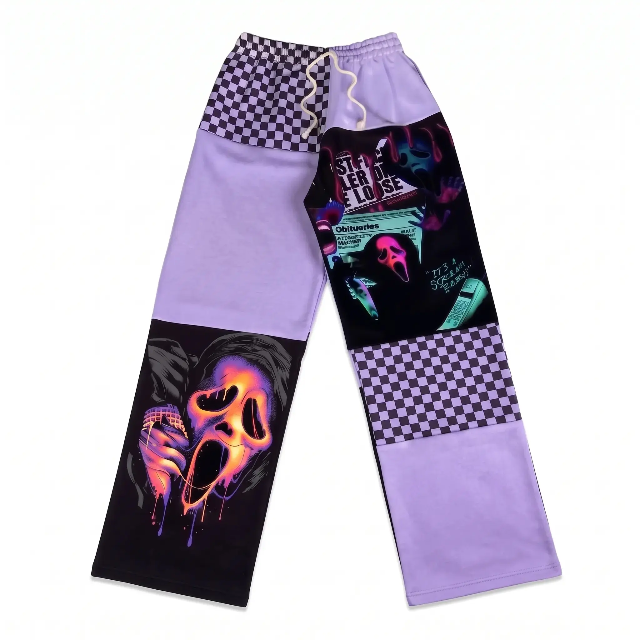 Purple Ghost Face Checkerboard Halloween Sweatpants, Horror Patchwork Jogger Pants, Spooky Streetwear Pants, Unisex Fall Winter Lounge Pants