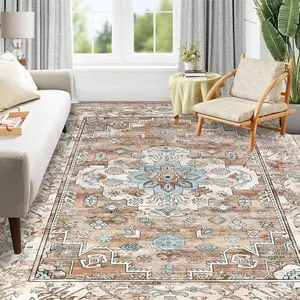 Washable Rugs for Living Room Non Slip Area Rug Ultra Soft Low Pile Rugs for Bedroom Dining Room Print Distressed Carpet Premium Velvet Material Non Slip Safe Easy to Maintain Versatile Pet and Child Friendly