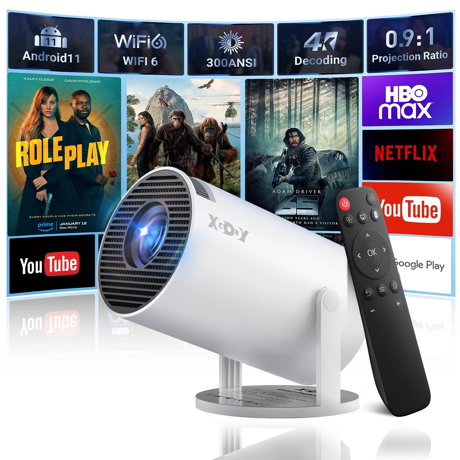 XGODY Gimbal 3 Mini Projector with WiFi 6, Bluetooth 5.0, 12000L Brightness, 4K Support, Android TV 11, Night Light Projection & Premium Audio Mini 4K