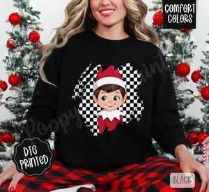 Checkered Elf Comfort Colors Long Sleeve T-Shirt, Cute Women's Christmas Tee