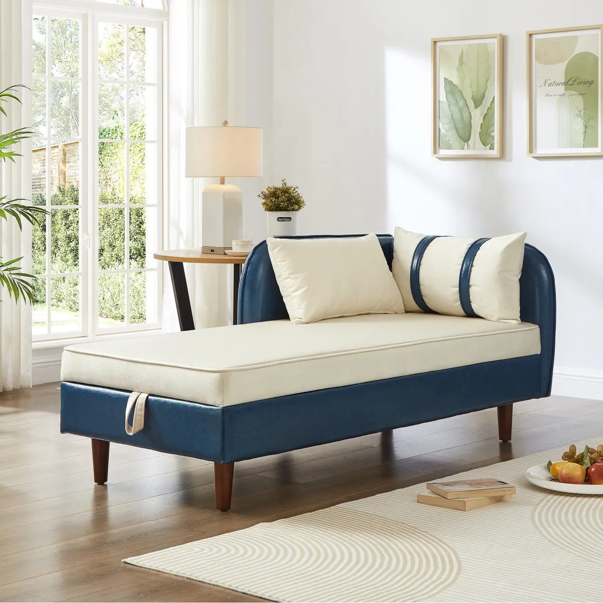 Sturdy Armless Indoor Storage Chaise Lounge Sofa - 65.00 x 30.00 x 27.00 in, 82 lbs, Navy Blue PU & Velvet Upholstery, Easy Setup, Hidden Storage, Sponge Cushioning Comfy Couch, 65X30x27"