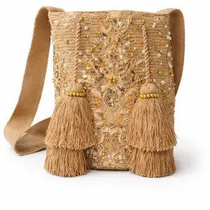 Large Wayuu Recamada Bag Caramel with Hand-Sewn Pearl Stones - Unique 11x11in Mochila with Tassels & Imitation Pearls