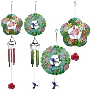 Metal galvanized sheet wind chime hummingbird flamingo 3D rotating hanging ornament garden courtyard aluminum tube pendant in stock