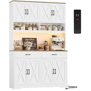 【2 packages shipping】HOSTACK Modern Farmhouse Pantry Cabinet, 75" Tall Kitchen Pantry Storage Cabinet with Charging Station, RGB LED Light, Multi-Purpose Kitchen Storage Hutch Cabinets with Adjustable Shelves