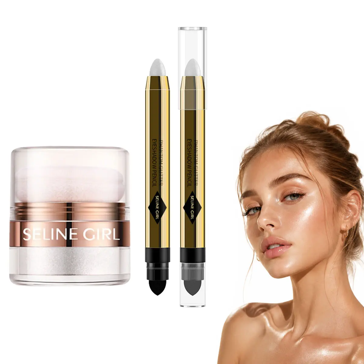 Face & Body Glow Makeup Set - Highlighting Powder Puff & Dual Ended Highlighter Eyeshadow Stick Duo - Pearlescent Shimmer Glitter Powder for Face, Eyes & Body - Long Lasting Glass Skin Illuminator