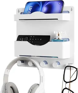 Bedside Wall Shelf with Glasses Hooks Adhesive Bedside Organizer Wall Mount for Dorm and Room Accessories PhoneRemoteEarphone Kindle (White)