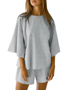 Tankaneo Womens Pajama Sets 3/4 Sleeve Oversized Tops and Elastic Waist Shorts Lounge Sets Loungewear