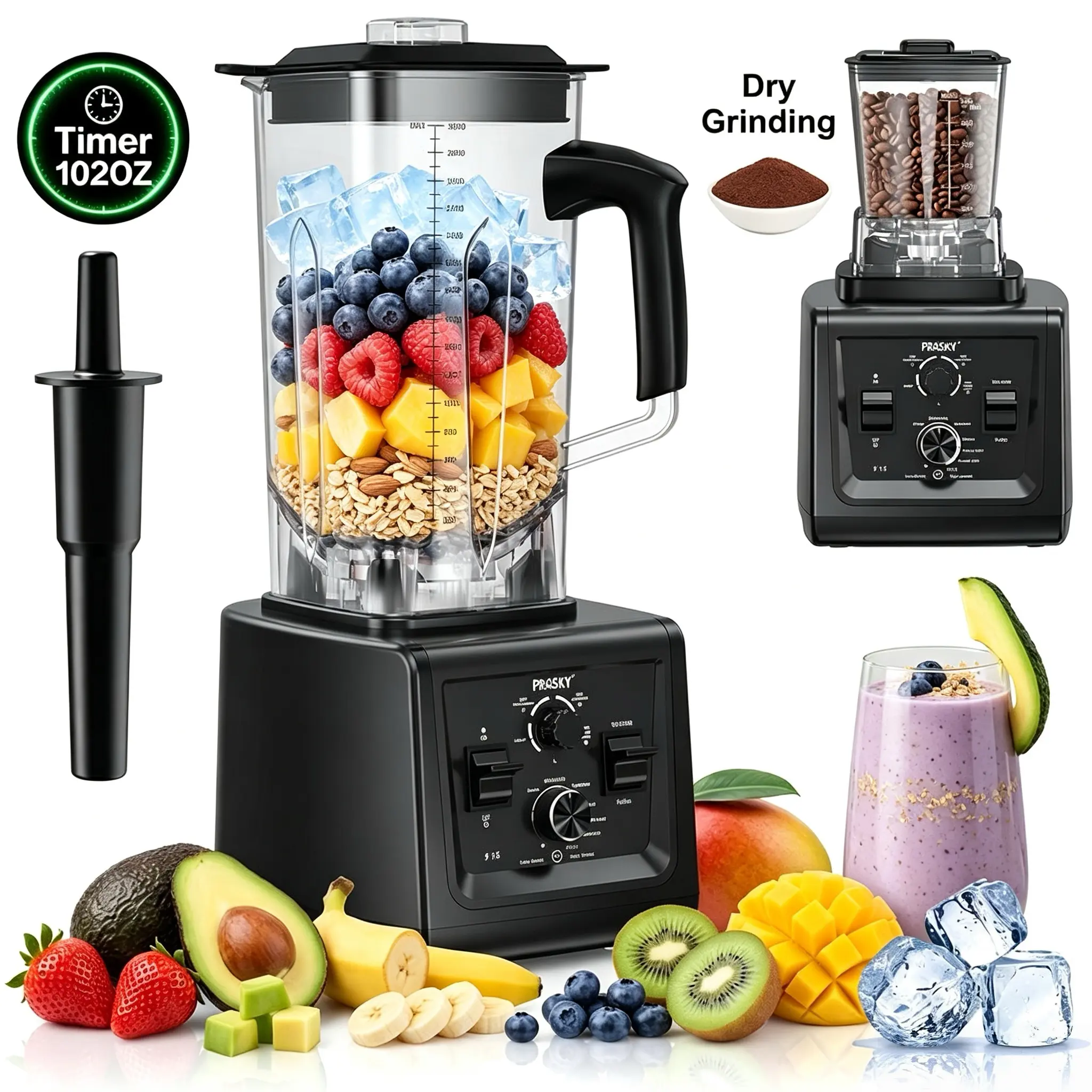 Prasky 102oz Timer Smoothie Blender Set - 2500Watts/1000Watts Powerful Food Blender & Grinder Combo, Large Capacity BPA-Free 2 Containers, Ice Crushing Milk Shake Maker, Without Charging Countertop Mom Gifts