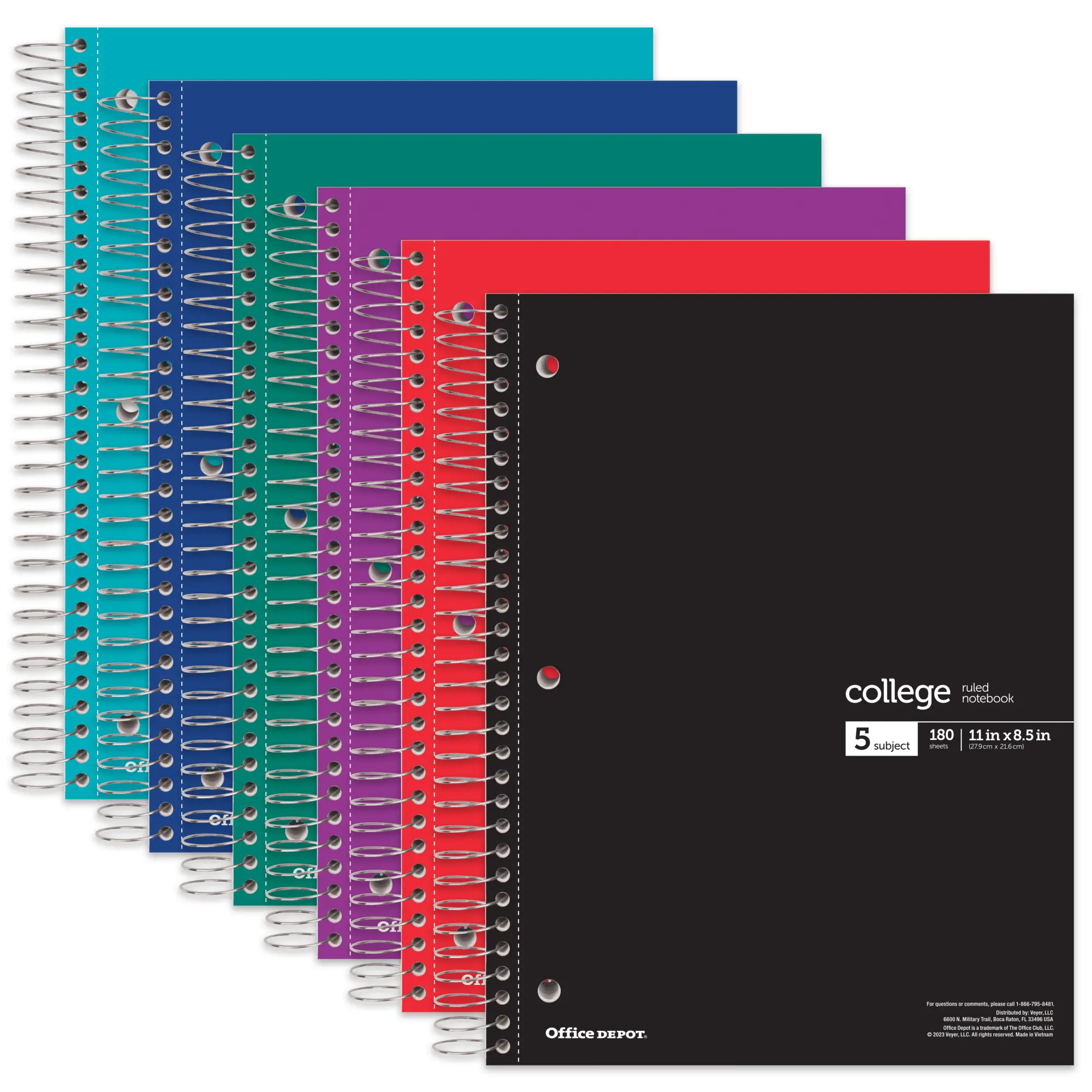 Office Depot® Wirebound Notebooks, 8 1/2" x 11", 5 Subjects, College Ruled, 180 Sheets, Assorted Colors, Pack Of 6 Noteb