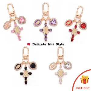 Rose Gold Virgin Mary Cross Bag Charm Keychain, Heart Crystal Purse Charm, Catholic Religious Gift for Women, Confirmation & Communion Gift