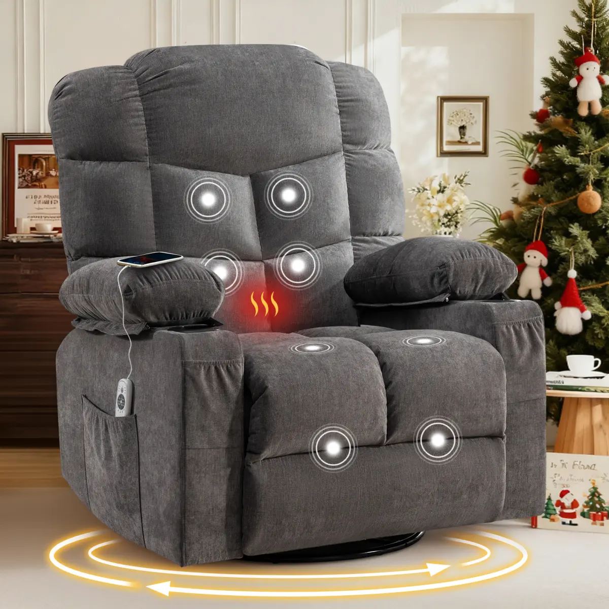 Recliner Chair Oversized Massage Swivel Chair with Lumbar Heating for Living Room Rocker Recliner with Cup Holders and USB Charge Port, for Adult
