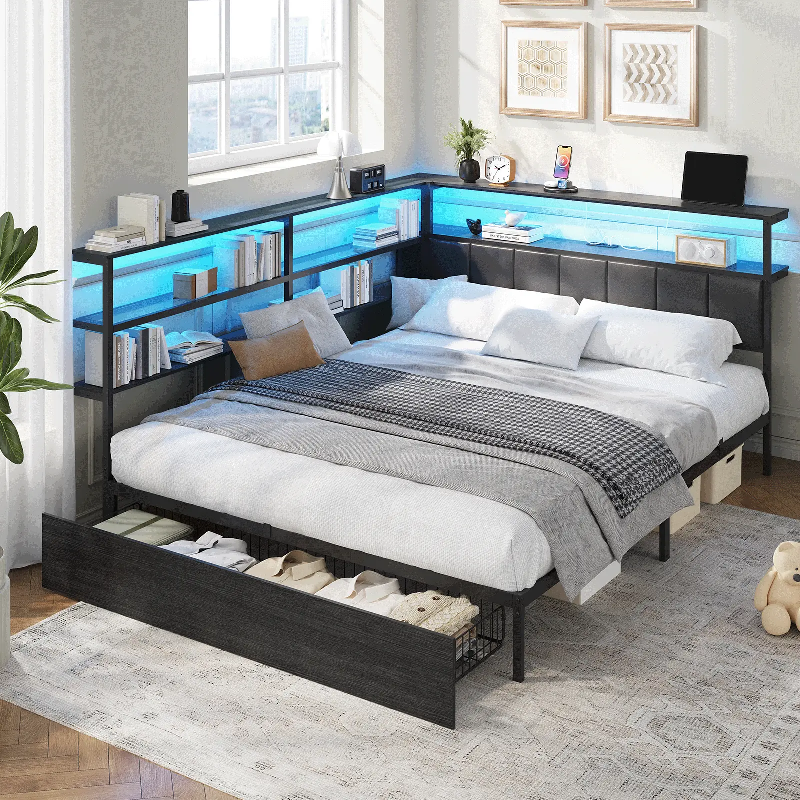 LED Metal Bed Frame with Upholstered Bookcase Headboard, APP & Remote Controlled Lights, Built-in Power Strip with AC, USB & Type-C Ports, Large Rolling Underbed Storage Drawers, Tempered Glass Shelves, Bedroom Platform Bed, Mattress Not Included