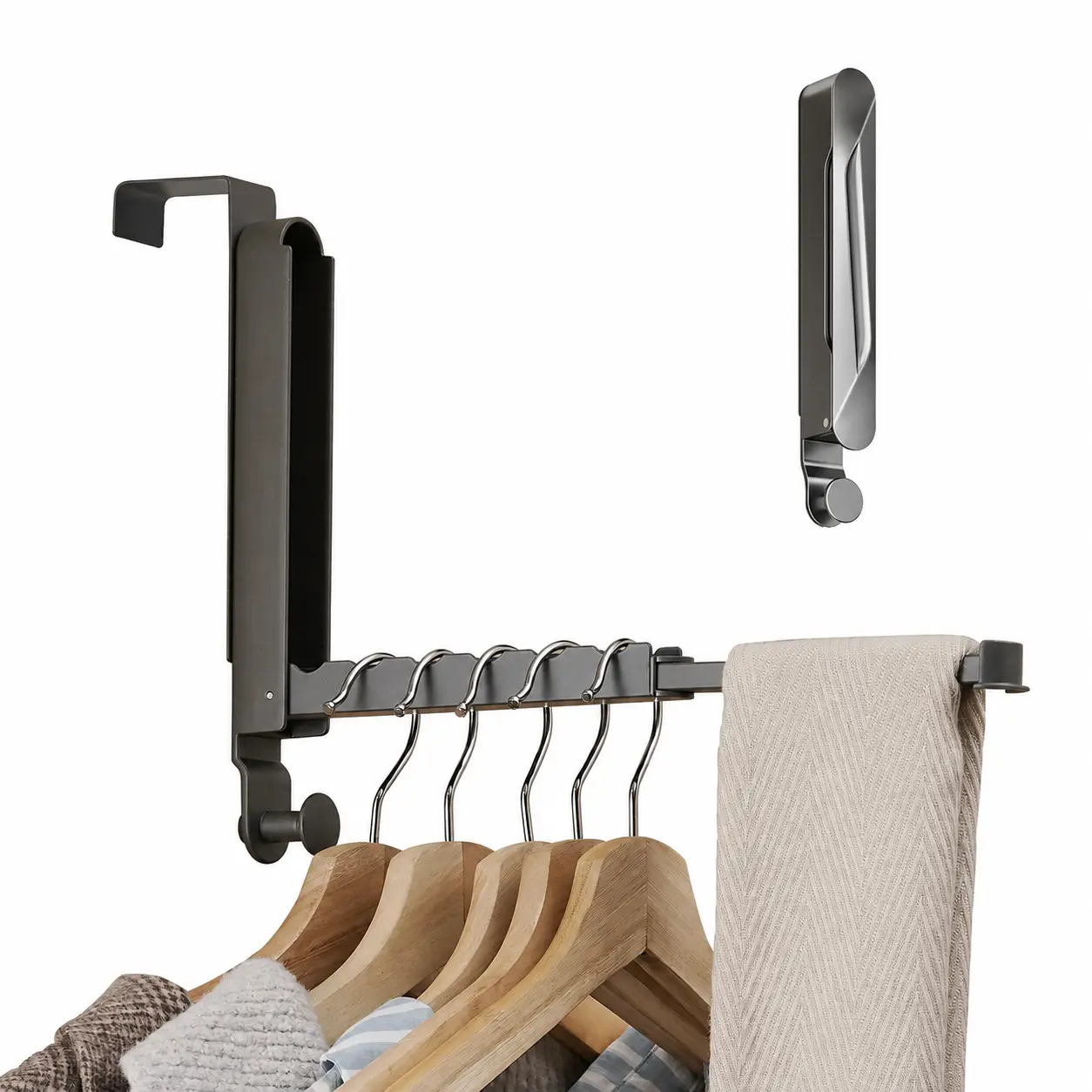 Over The Door Clothes Hook Hanger - Foldable Drying Rack with Retractable Rod, Portable Home & Travel Organizer for Towels, Hats Organiser  Hanging