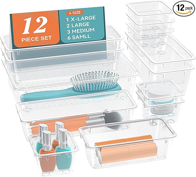 12‑Piece Drawer Organizer Set Clear Plastic Storage Trays for Makeup Desk & Bathroom 4 Sizes Modular Dividers for Vanity Office Supplies Jewelry Tools & Gadgets