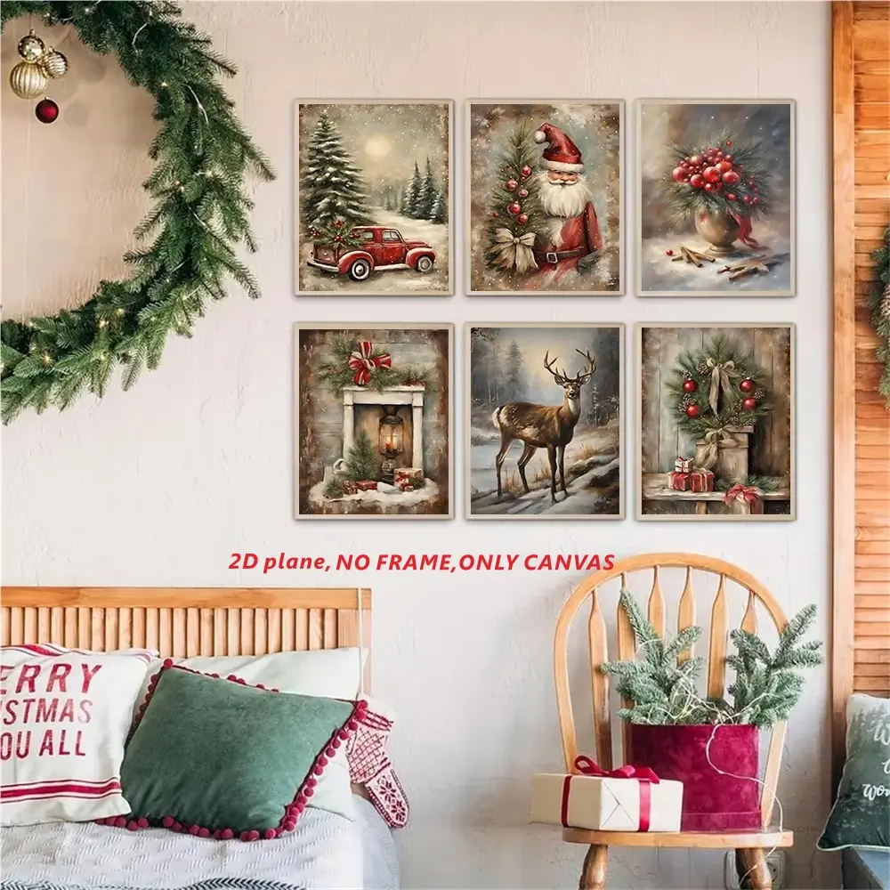 6-Piece Frameless Vintage Christmas Art Set: Santa Claus, Reindeer, Red Car, and Winter Landscape Art Posters. Canvas Wall Decor Paintings for Home Decor, Frameless.