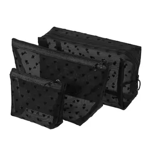 3pcs Heart Shape Print Mesh Makeup Bag Zipper Clear Travel Pouch Organizer Black, Holiday Christmas Gift Idea