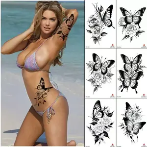 6 pieces of black butterfly flower temporary tattoos for women, waterproof, long-lasting, realistic, suitable for arms and legs, new-style stickers for covering scars.