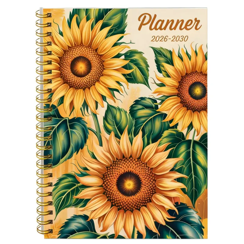 2026-2030 Monthly Plan/Calendar - From January 2026 to December 2030, a 5-year monthly plan, Sunflower Cover Design Diary Notebook, Spiral Bound Modern Planner, Storage Pockets, Holiday, New Year, Valentine's Day Gift