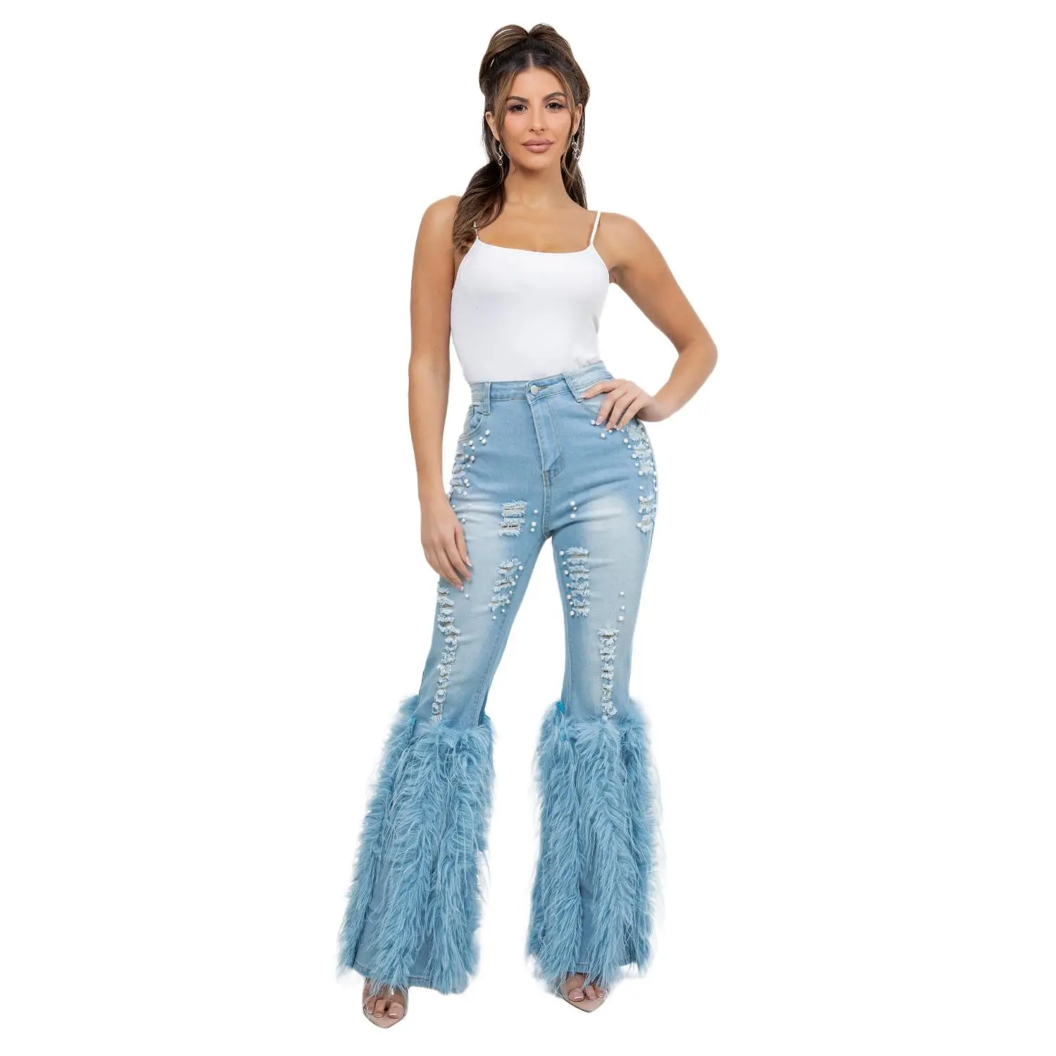 Women's Fashion High-Hip Denim Jeans - Elastic Waist, Functional Pockets, Button Closure, Feather Hemmed, All-Season 2XL Casual Bottoms, Feathers, Basic, Lady, Pants, Multi-Size, Five Pockets