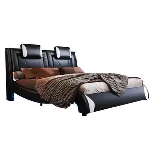 Amerlife LED Bed Frame, SummerVibes Modern Faux Leather Upholstered Floating Platform Bed Frame with Wave-Like Curve Design, No Box Spring Needed, Ideal Christmas Gift, Bed Frames