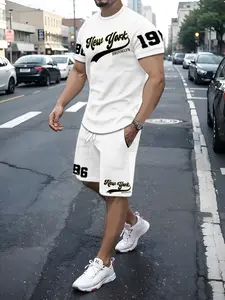 Men's Summer Tee & Shorts Set Outfit, Casual Sport Two-Piece Top with Shorts Combo, Slim-Fitting, Regular Length, All Seasons, Breathable