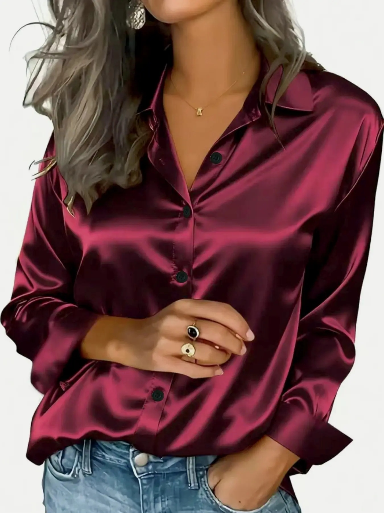 Women's Satin Solid Shirt Blouses Top Long Sleeves, Buttoned Collared, Elegant Casual Style, Button Front and Collar Design, Ideal for Work and Leisure Wear